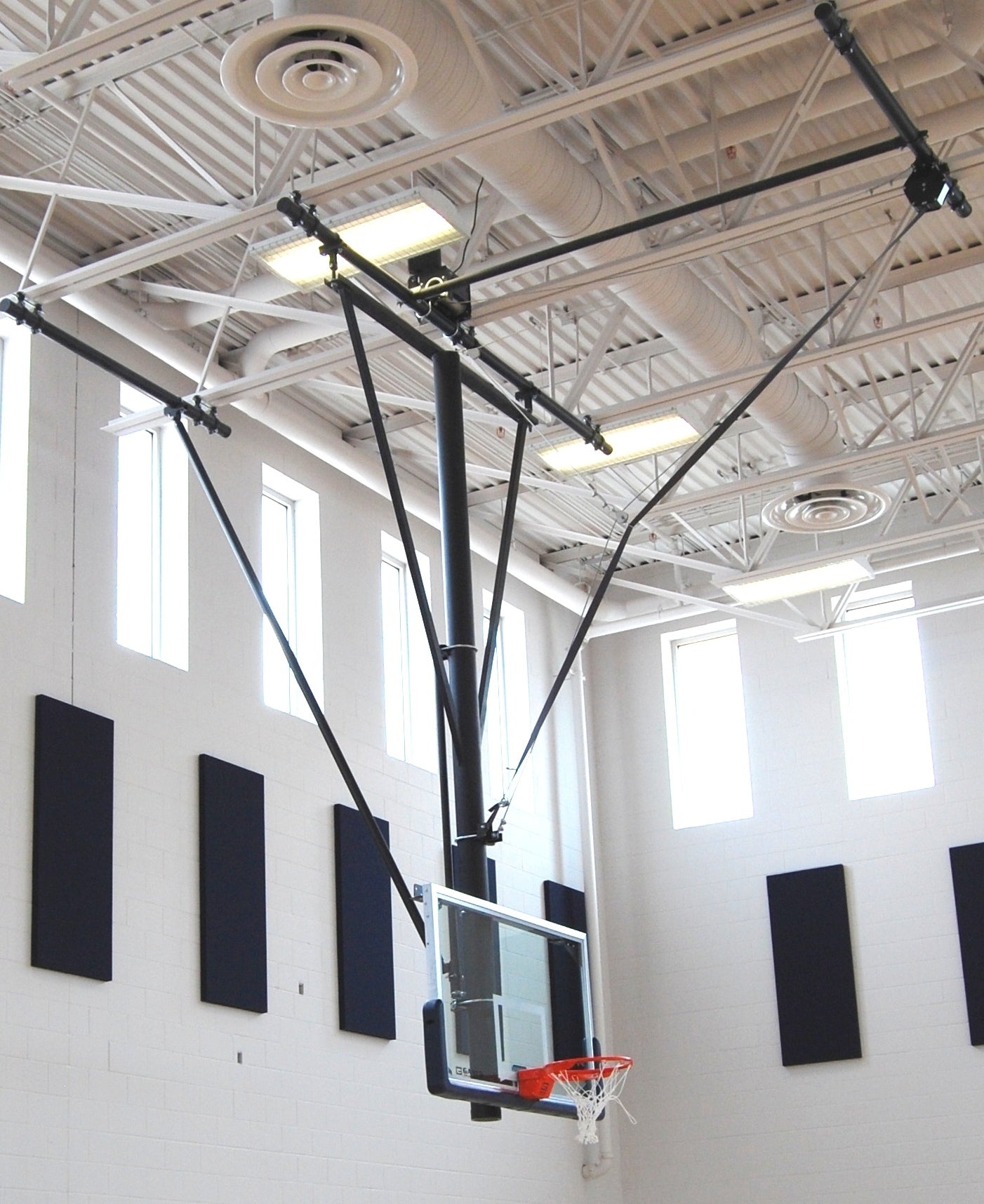 Single Post Rear-Braced Front-Folding Ceiling Hung Basketball Backstop