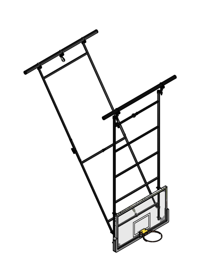 Dual Post Rear-Braced Rear-Folding Ceiling Hung Basketball Backstop
