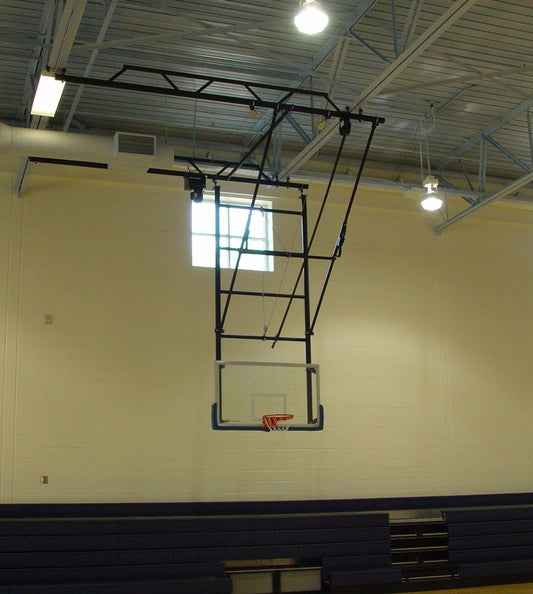 Dual Post Front-Braced Front-Folding Ceiling Hung Basketball Backstop