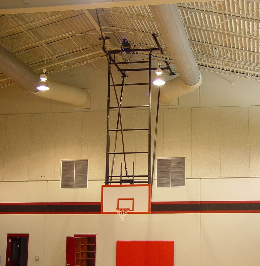 Dual Post Rear-Braced Front-Folding Ceiling Hung Basketball Backstop