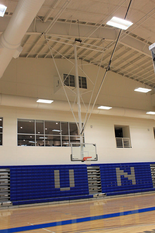 Single Post Front-Braced Front-Folding Ceiling Hung Basketball Backstop