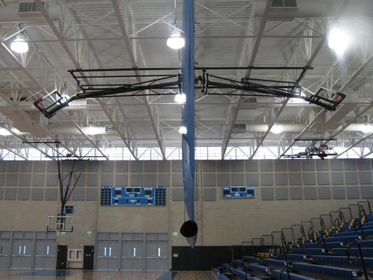 Bent Single Post Front-Braced Front-Folding Ceiling Hung Basketball Backstop