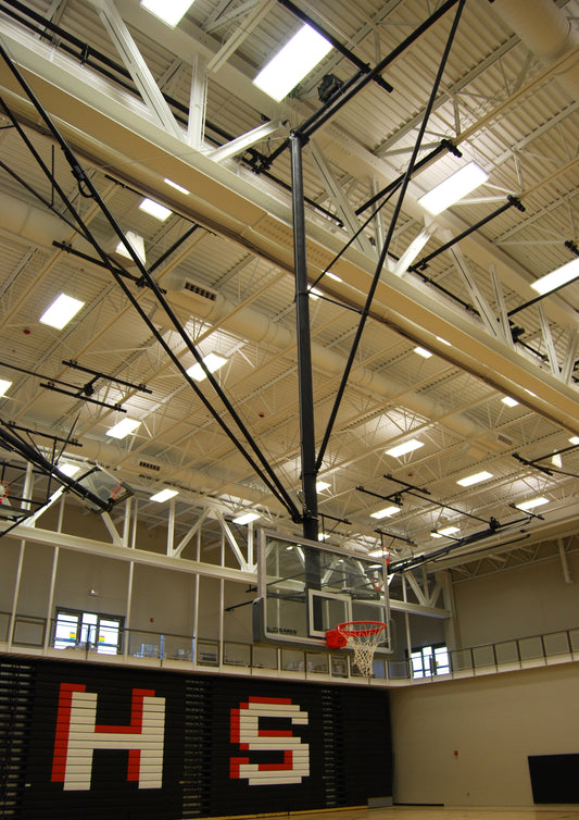 Single Post Side-Braced Side-Folding Ceiling Hung Basketball Backstop