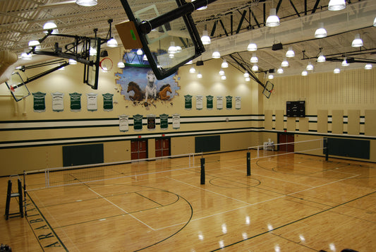 Single Post Side-Braced Side-Folding Ceiling Hung Basketball Backstop