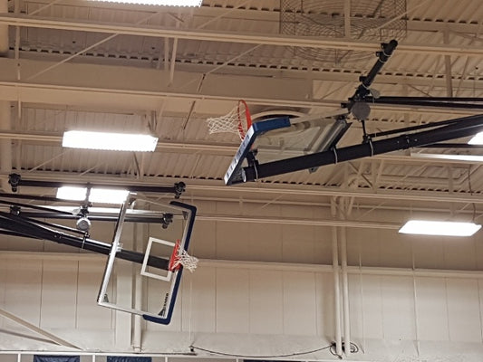 Dual Post Front-Braced Front-Folding Ceiling Hung Basketball Backstop