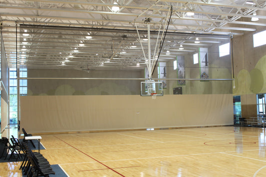 Single Post Front-Braced Front-Folding Ceiling Hung Basketball Backstop