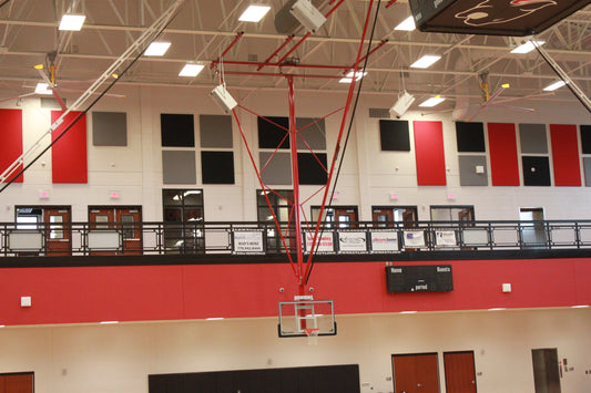 Single Post Front-Braced Front-Folding Ceiling Hung Basketball Backstop